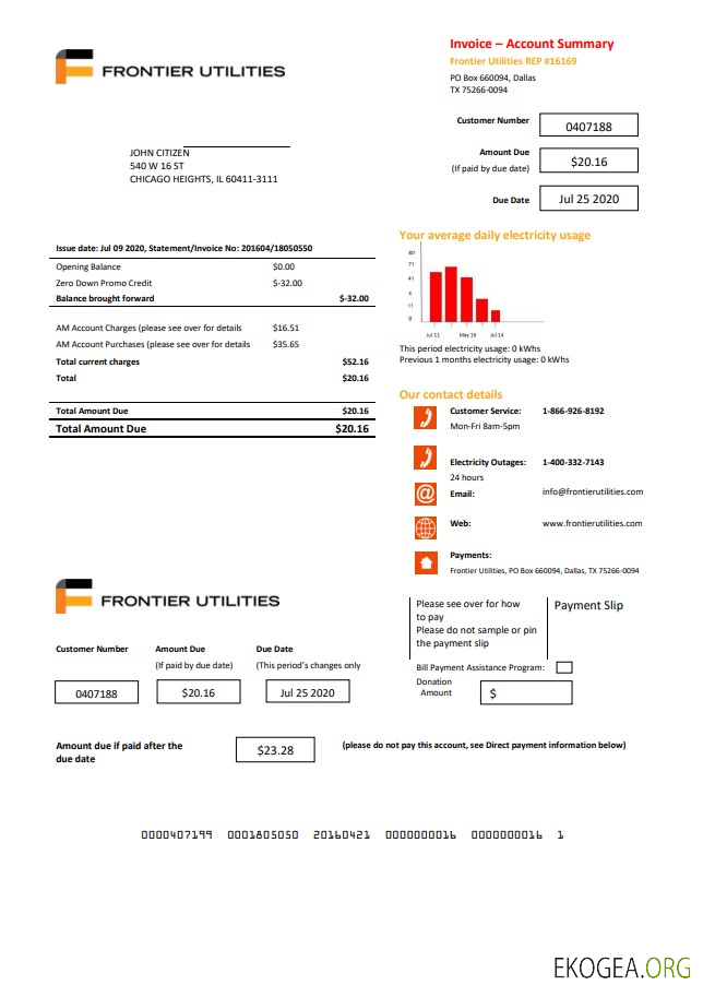 USA Texas Frontier Utilities utility bill template in Word and PDF format